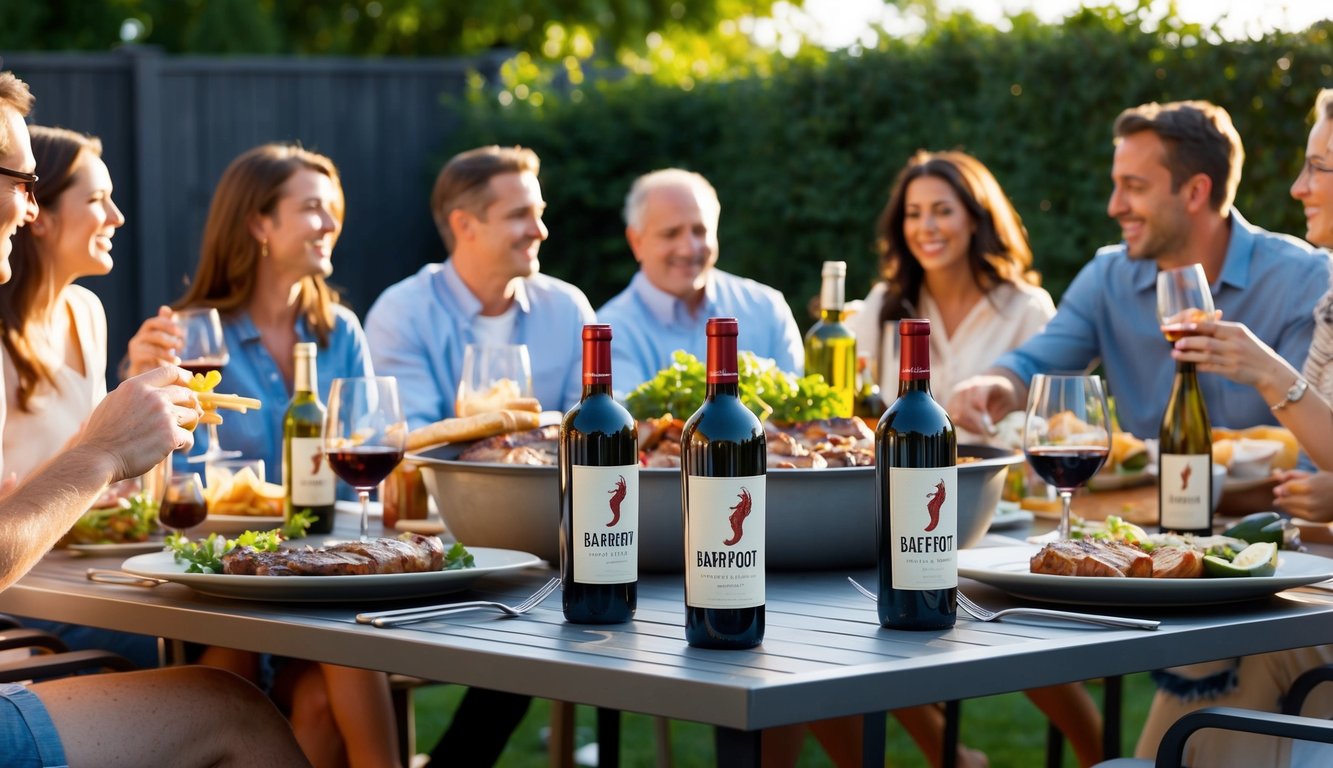 A backyard BBQ with a table set with bottles of Barefoot Cabernet Sauvignon, surrounded by friends and family enjoying the warm weather