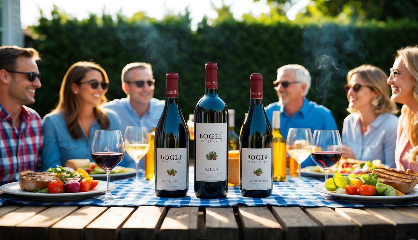 A backyard BBQ with a table set with Bogle Vineyards Essential Red wine bottles and glasses, surrounded by friends and family enjoying the warm weather