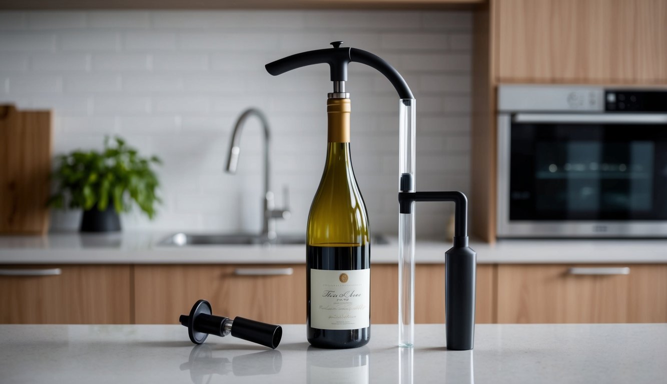 An open bottle of wine with a vacuum pump and stopper on a kitchen counter