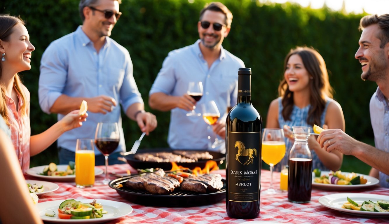 A backyard BBQ with a bottle of Dark Horse Merlot on a picnic table, surrounded by friends and family enjoying grilled food and laughter