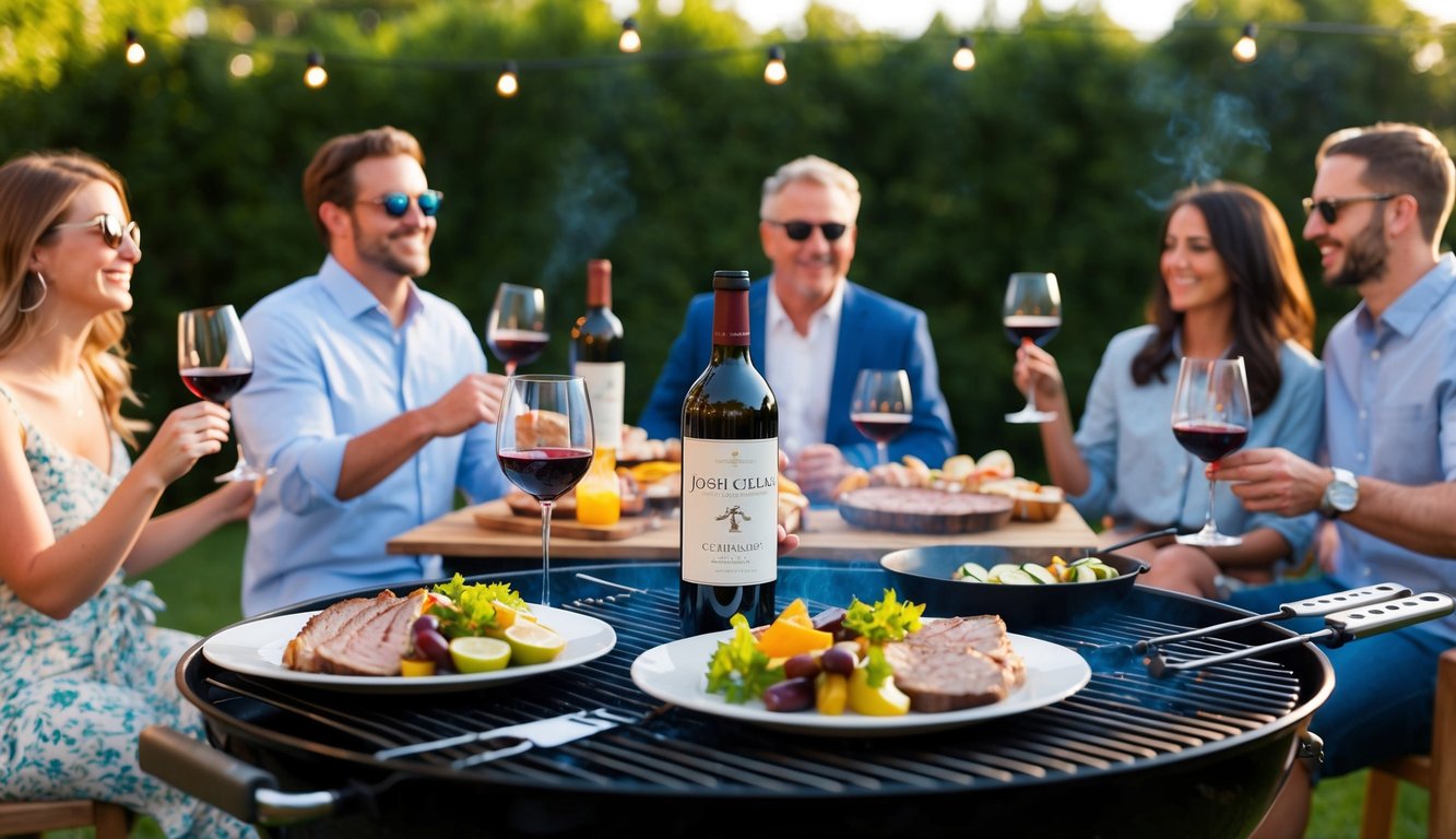 A backyard BBQ with a table set with Josh Cellars Cabernet Sauvignon, surrounded by grilling equipment and friends enjoying the wine