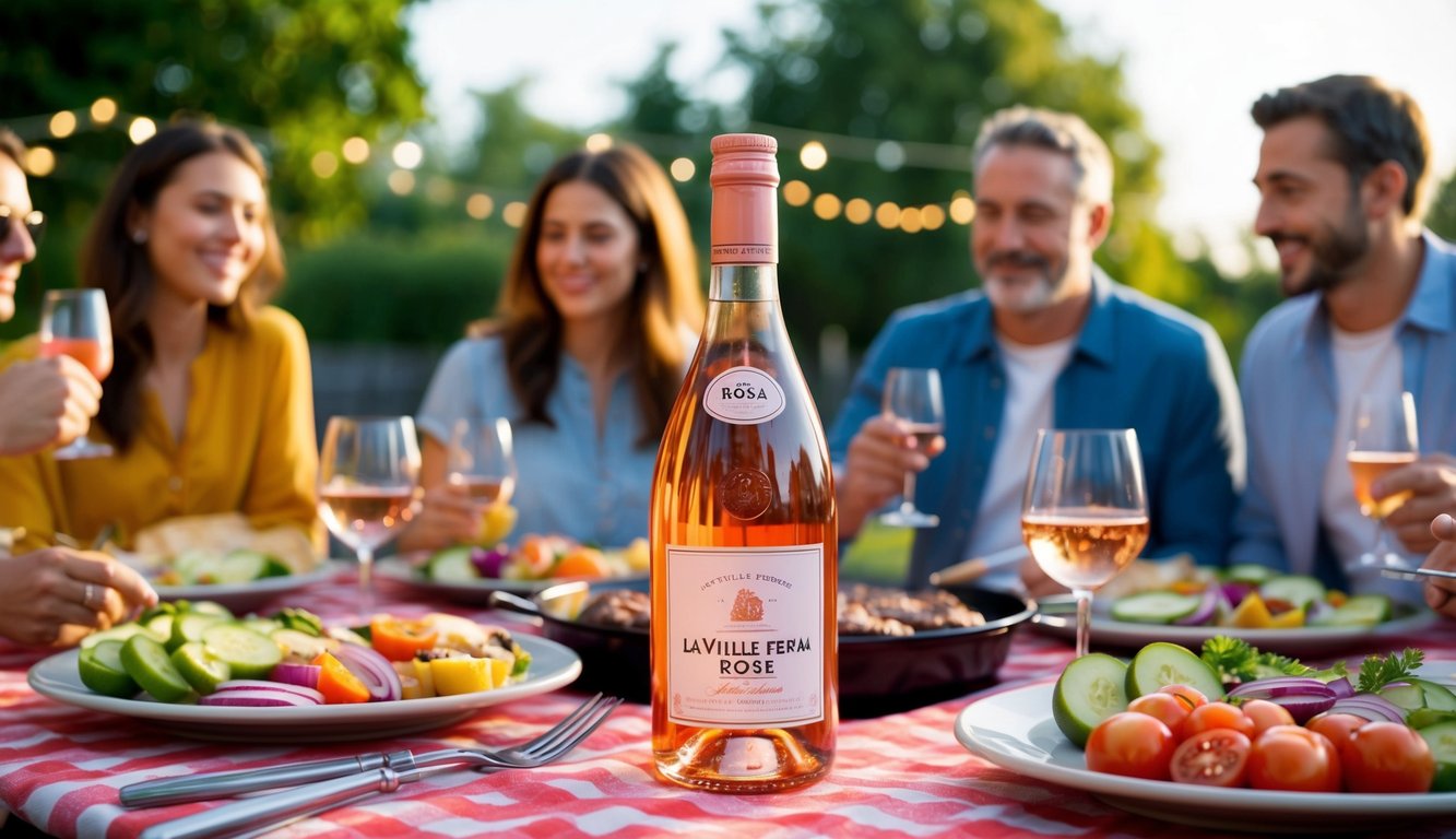 A backyard BBQ with a bottle of La Vieille Ferme Rosé on a picnic table surrounded by friends and family