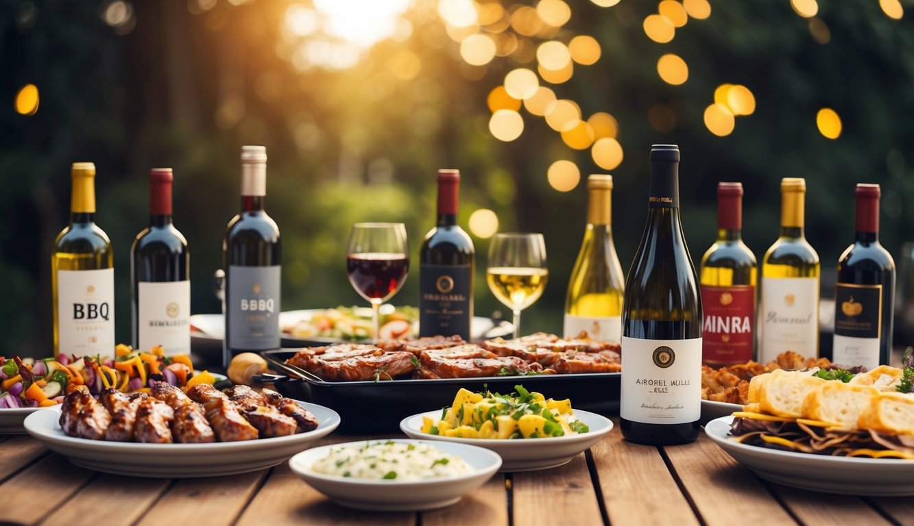 A table set with a spread of BBQ foods and a selection of affordable wine bottles