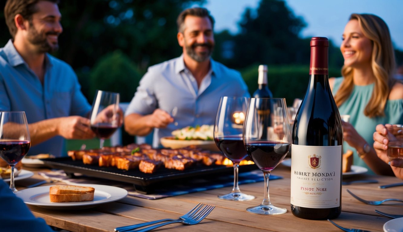 A backyard BBQ with a table set with glasses and a bottle of Robert Mondavi Private Selection Pinot Noir, surrounded by friends and family enjoying the warm summer evening