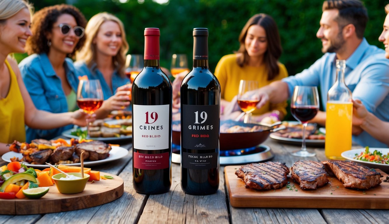 A backyard BBQ with friends, featuring 19 Crimes Red Blend wine bottles on a rustic wooden table, surrounded by grilled meats and colorful side dishes