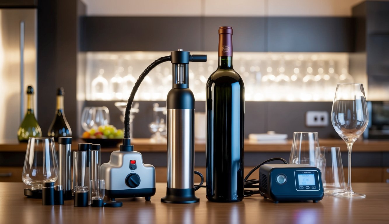 A sleek wine bottle sealed with a vacuum pump, surrounded by an array of high-tech preservation gadgets and elegant glassware