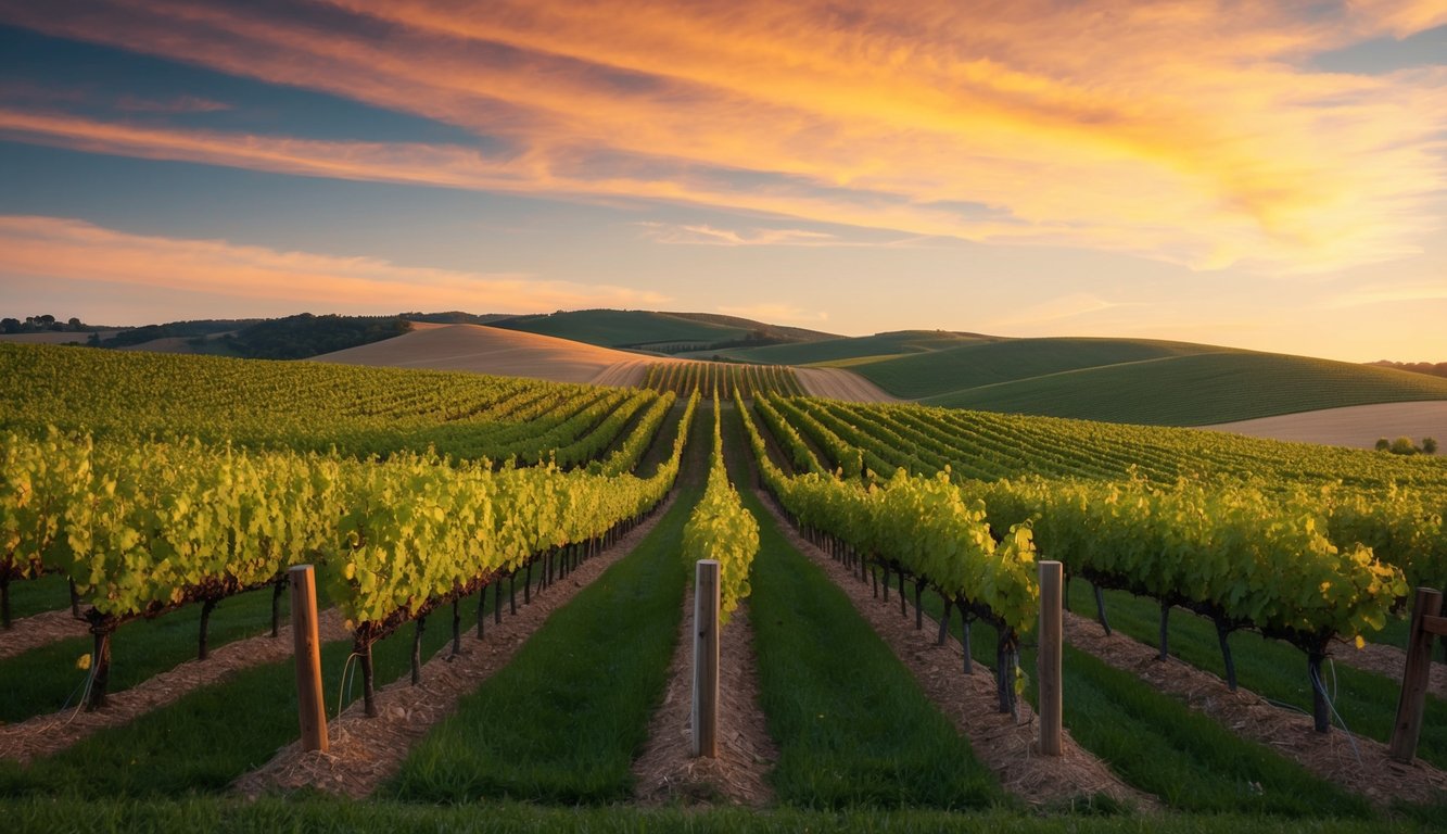 Vineyard at sunset with rows of grapevines, rolling hills, and a warm, colorful sky