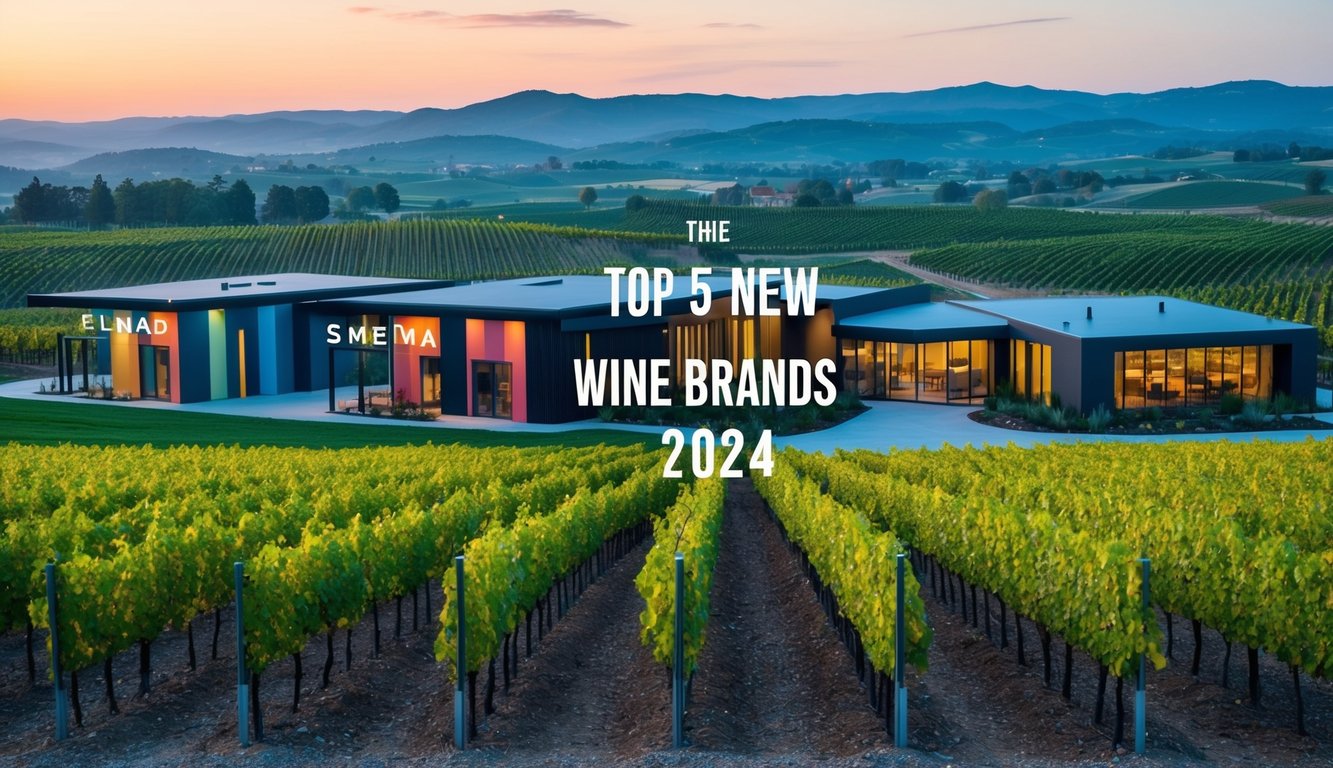 Vineyard landscapes with modern wineries and futuristic branding. Vibrant colors and sleek designs highlight the top 5 new wine brands of 2024