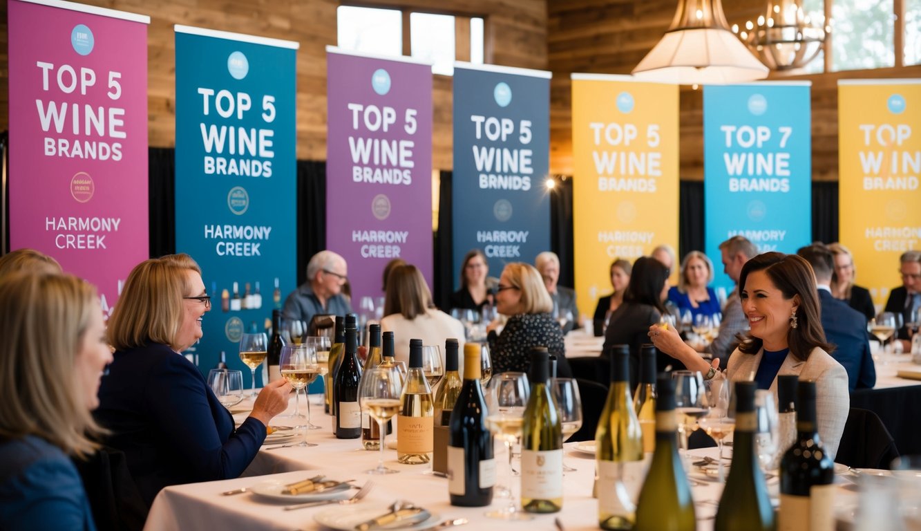 A bustling wine tasting event with colorful banners and tables showcasing the top 5 new wine brands of 2024 at Harmony Creek Cellars