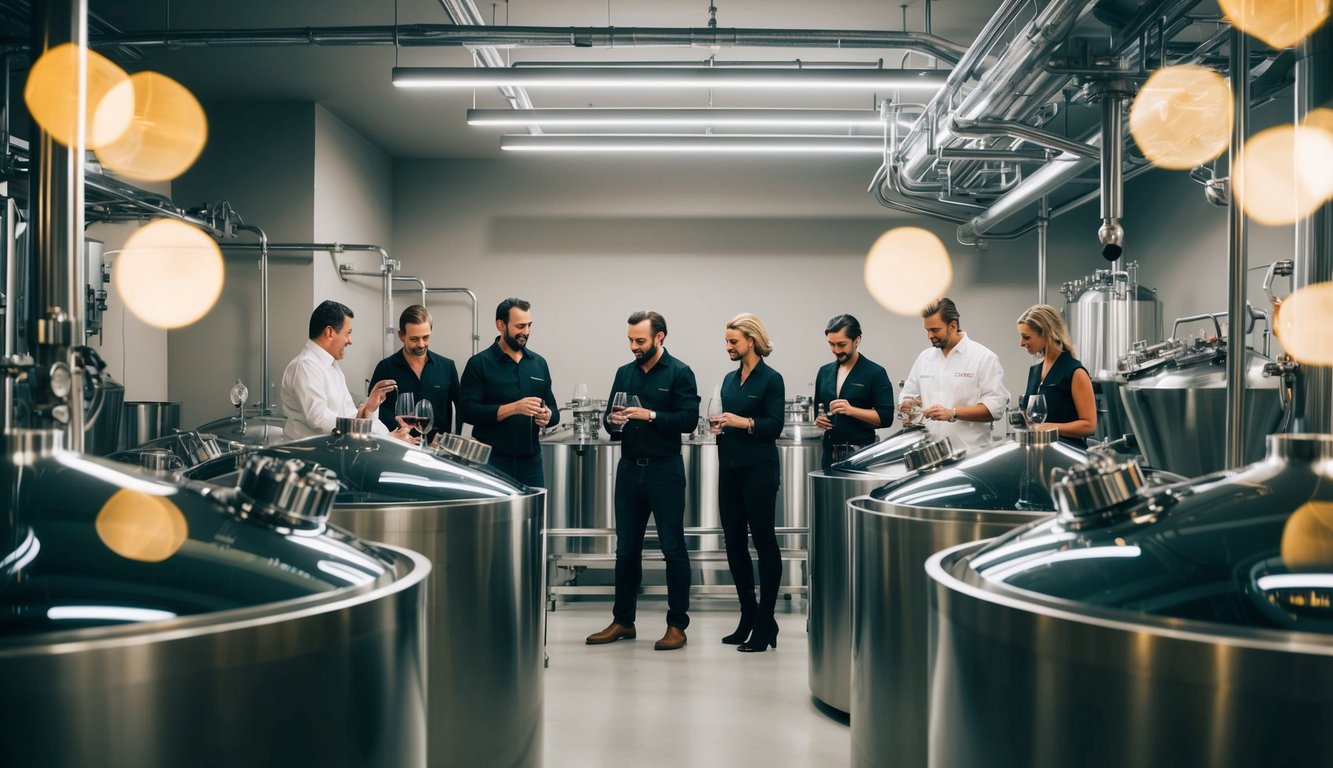 A modern winery with state-of-the-art equipment and futuristic fermentation tanks. A team of winemakers experimenting with cutting-edge techniques and technology