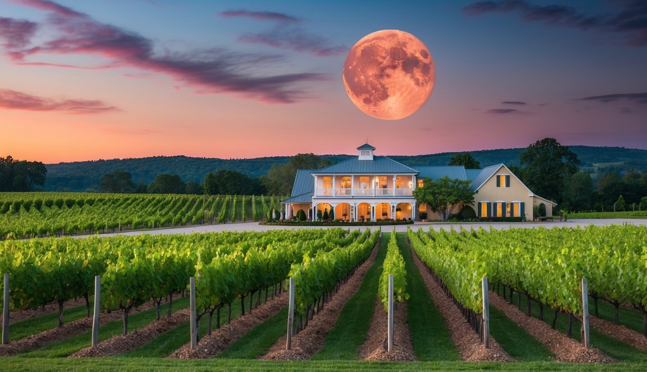 A picturesque vineyard with rows of lush grapevines, a charming boutique winery building, and a stunning crimson moon rising in the evening sky