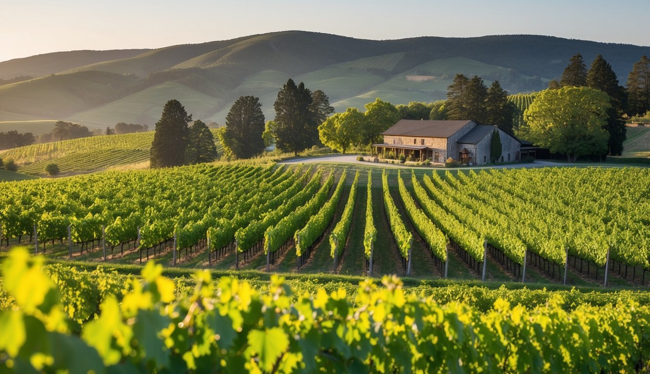 Vineyard landscape with rolling hills, lush green grapevines, and a rustic winery building nestled among the trees