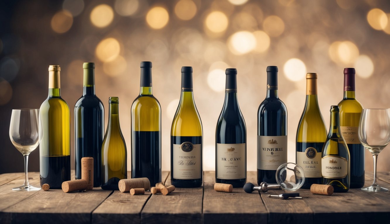 A collection of various wine bottles and preservation tools arranged on a wooden table, with a wine glass and cork nearby