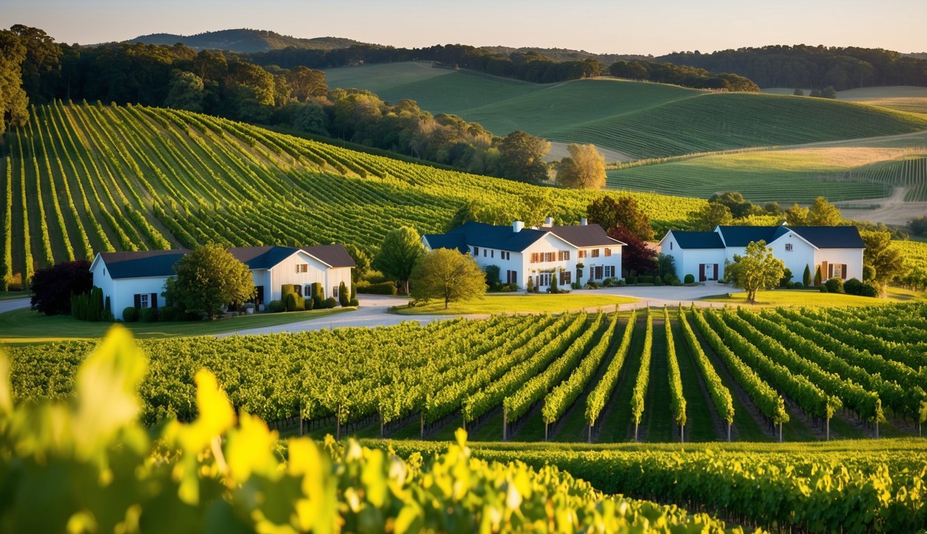 A picturesque landscape with rolling vineyards and charming wineries nestled among lush greenery, showcasing the unique attributes of craft wineries