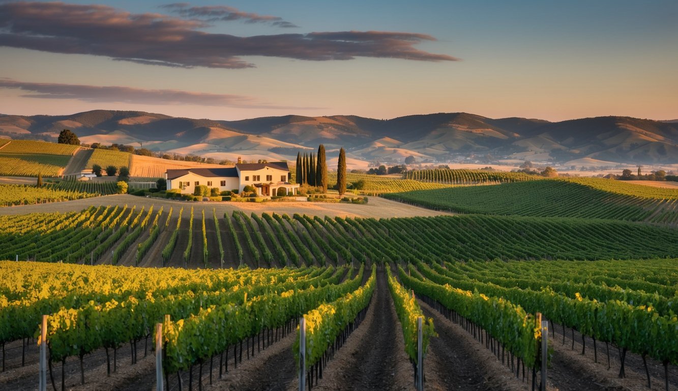 Rolling hills of Napa Valley dotted with vineyards, with the Staglin Family Vineyard standing out among them. The sun sets behind the wineries, casting a warm glow over the landscape