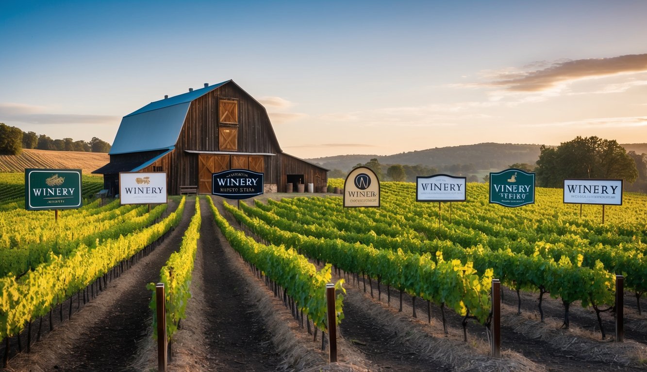 A rustic barn surrounded by rolling vineyards, with six unique winery signs displayed prominently