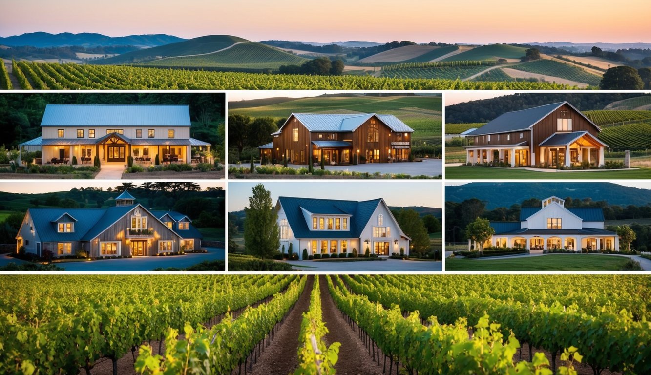 A picturesque vineyard landscape with six unique craft wineries nestled among rolling hills and lush grapevines. Each winery showcases its own distinct architectural style and atmosphere