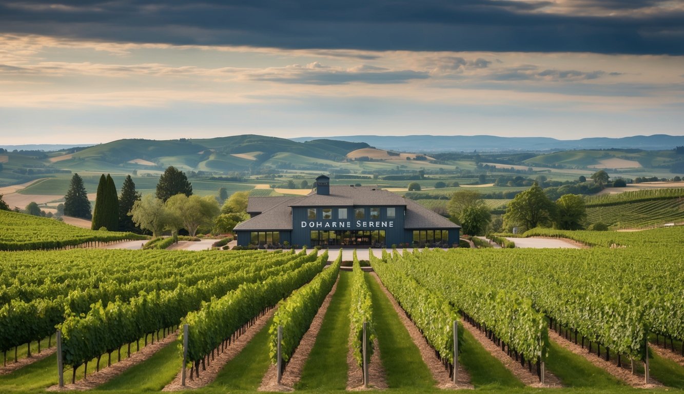 Lush vineyards surround Domaine Serene's tasting room, with rolling hills and a picturesque backdrop of the Willamette Valley