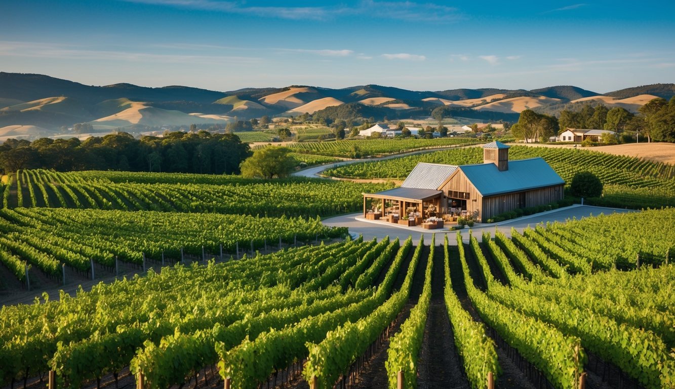 Lush vineyards spread across rolling hills at De Ponte Cellars, with a rustic tasting room and six craft wineries in the distance