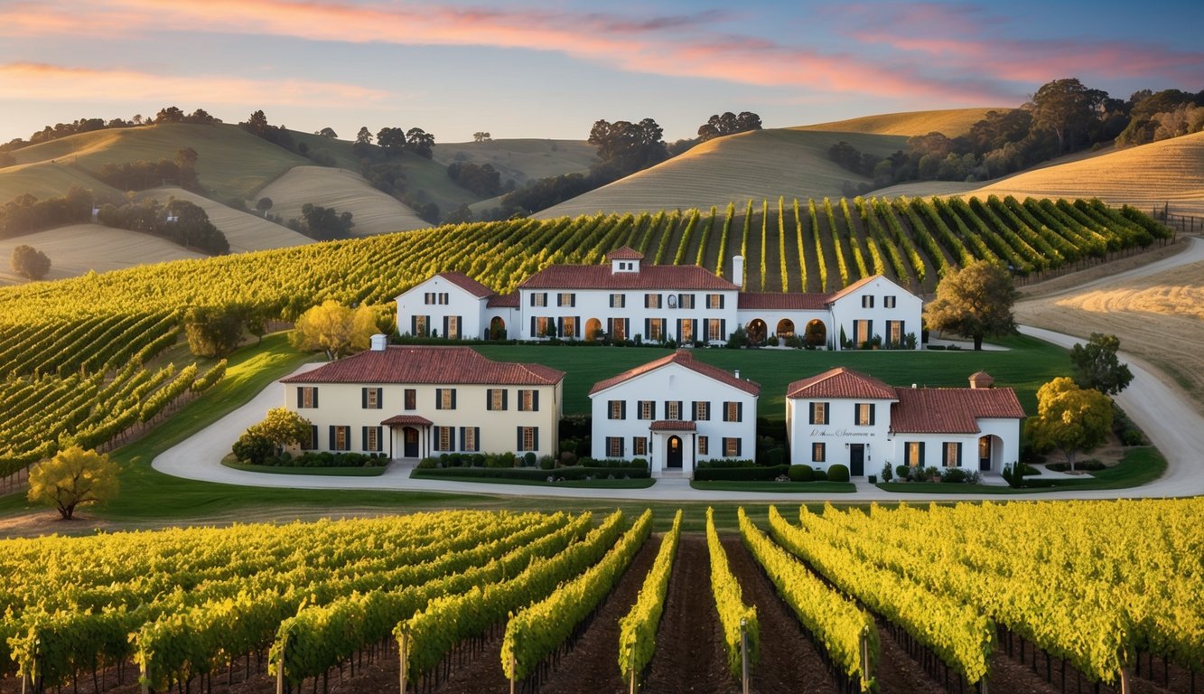 A picturesque vineyard with six elegant wineries nestled among rolling hills in Paso Robles, California