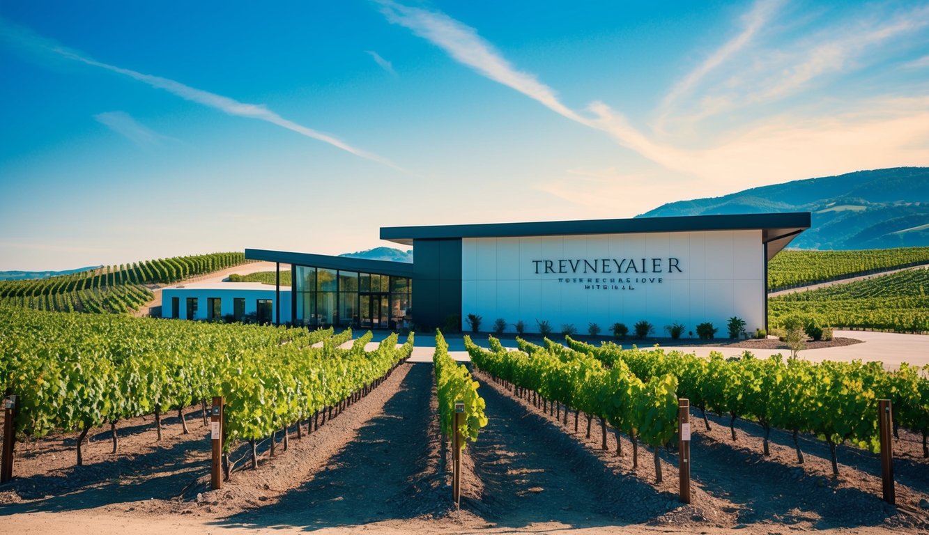 A vineyard with modern architecture and innovative branding, surrounded by rolling hills and grapevines under a bright blue sky