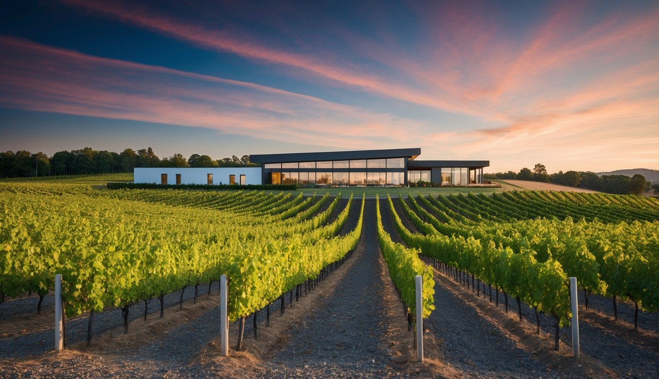 Vineyard landscape with modern winery and innovative branding