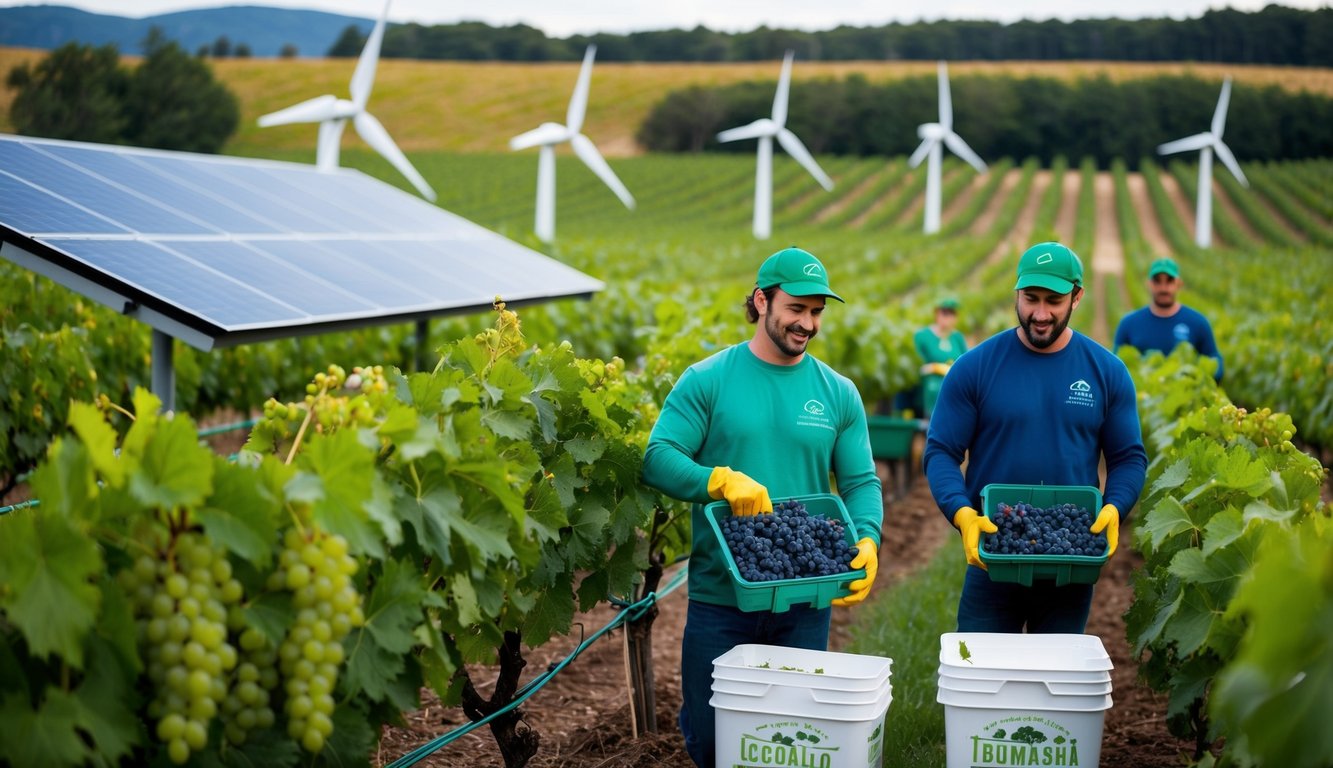 A vineyard with solar panels, wind turbines, and composting facilities. Grapes being harvested by workers wearing sustainable clothing. Eco-friendly packaging and transportation methods