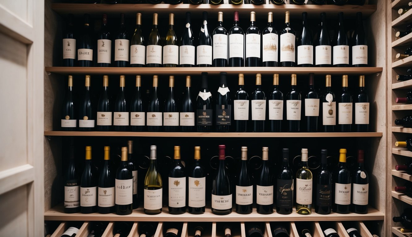 Various wine bottles neatly arranged on wooden shelves in a dimly lit cellar, organized by type and vintage