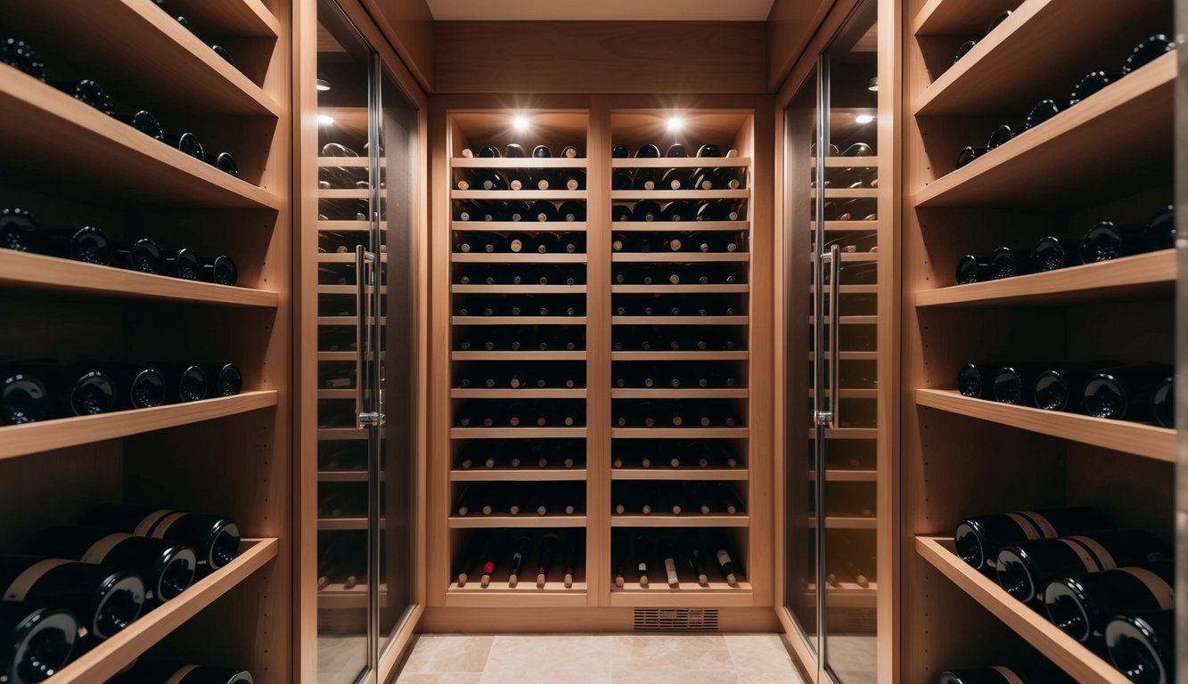 A wine cellar with temperature-controlled shelves and dim lighting