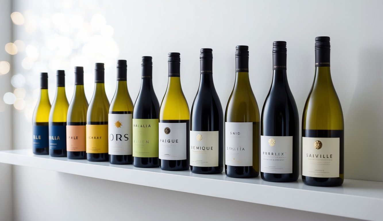 A row of 10 unique wine bottles, each with modern, eye-catching labels, displayed on a sleek, minimalist shelf against a clean, white background