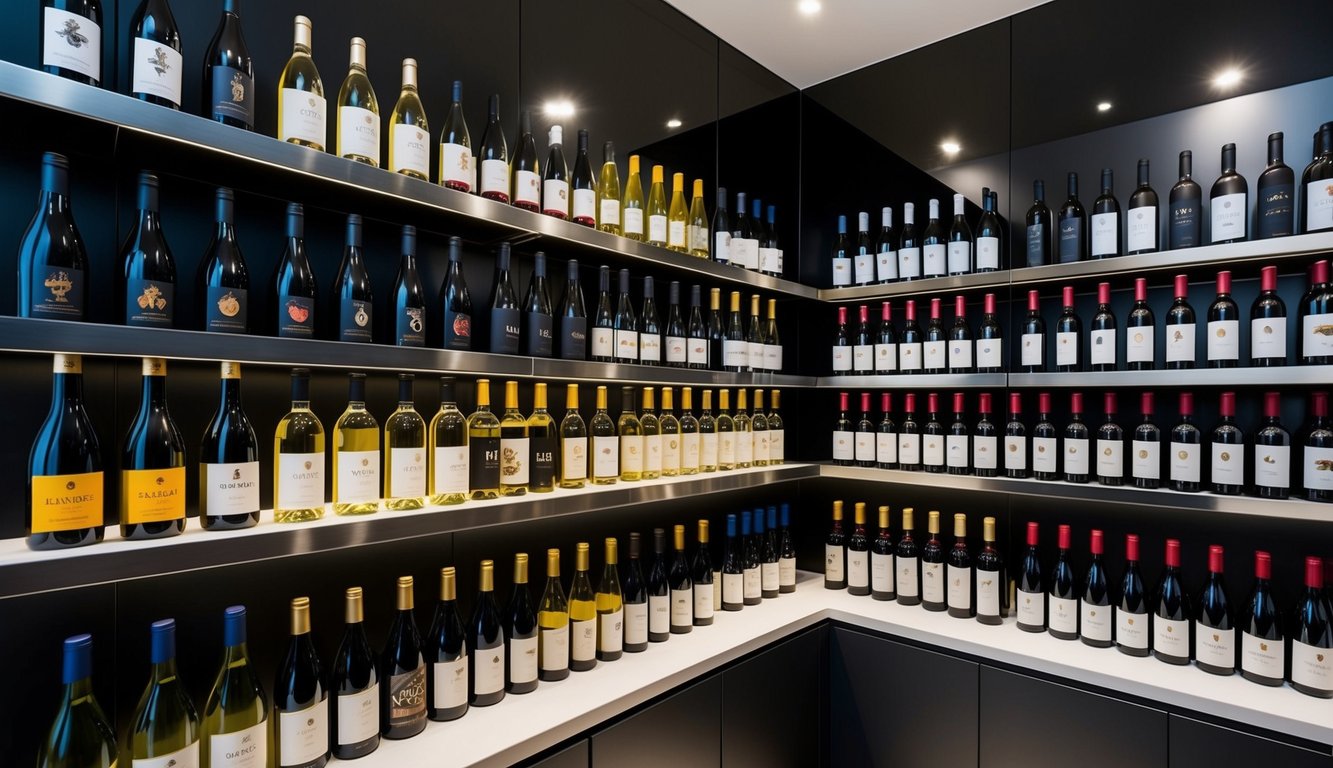 A modern wine cellar with 10 innovative wine brands displayed on sleek shelves, each bottle showcasing unique and eye-catching labels