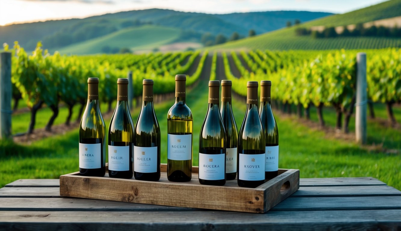 A picturesque vineyard with modern wine labels displayed on a rustic wooden table, surrounded by rolling hills and lush greenery