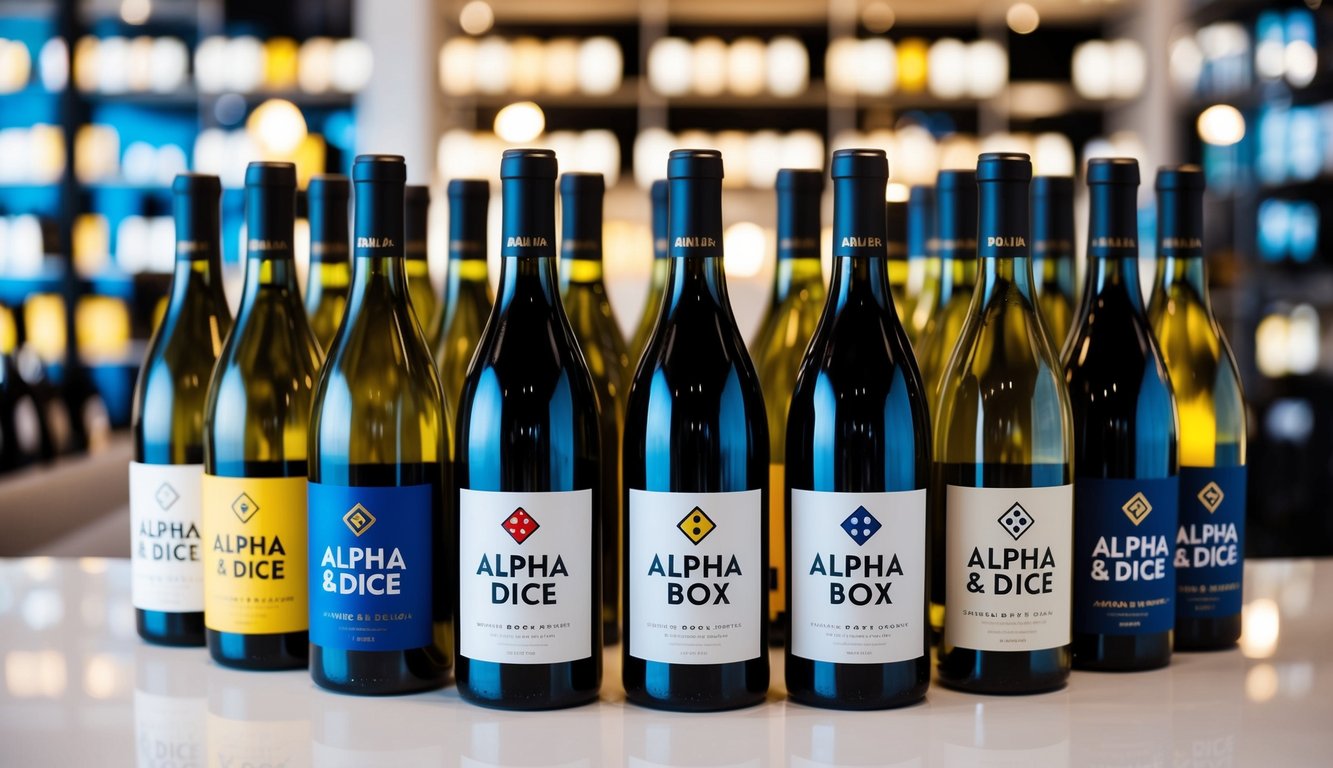 A colorful array of wine bottles labeled with the Alpha Box & Dice logo, arranged in a modern, eye-catching display