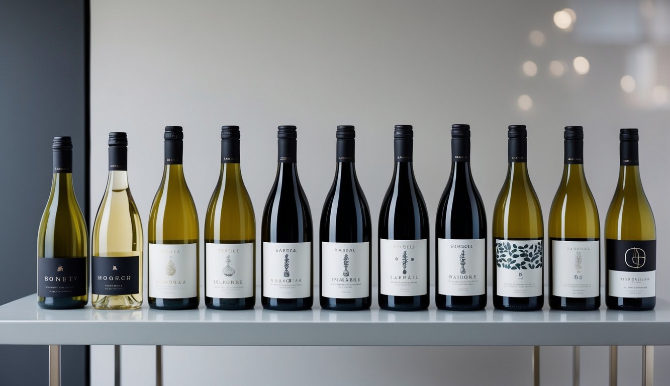 A lineup of 10 modern wine bottles, each with unique and innovative designs, displayed on a sleek, minimalist table