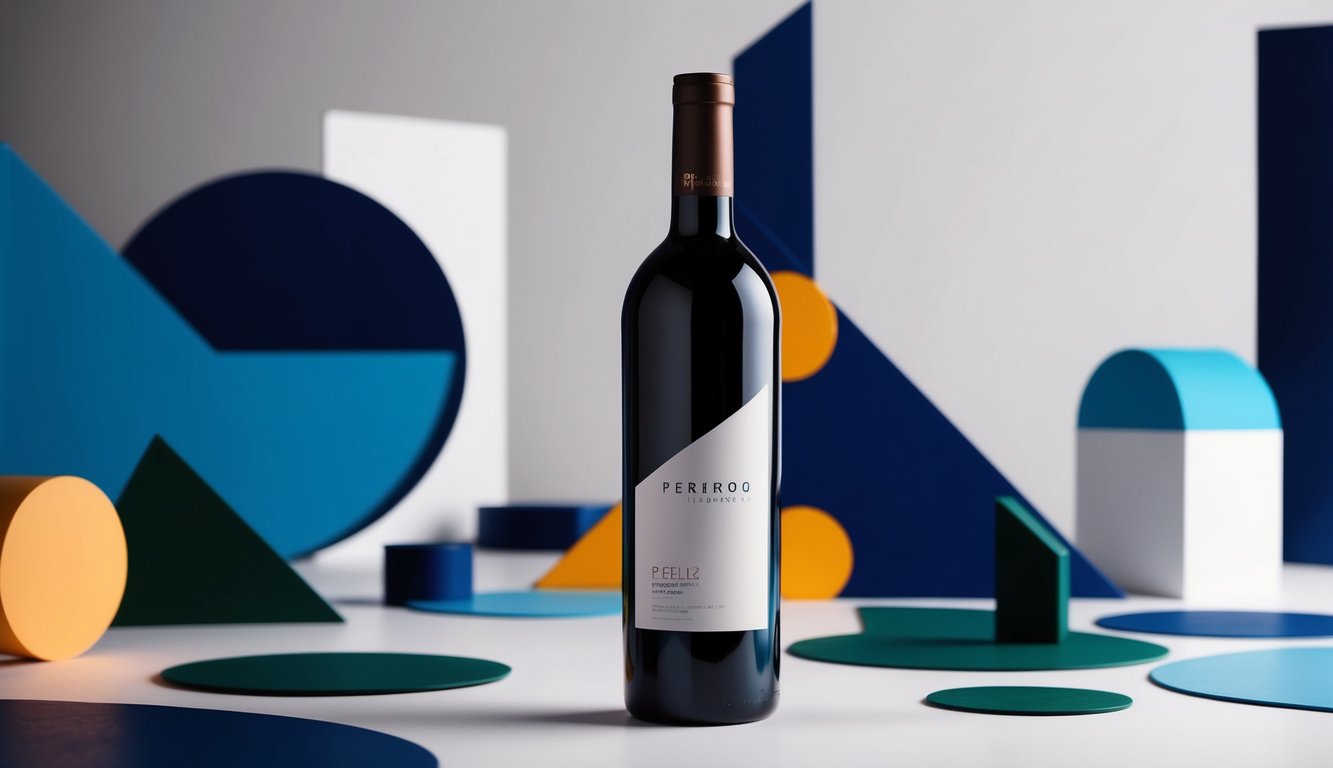 A sleek, modern wine bottle surrounded by abstract shapes and bold colors, evoking a sense of innovation and sophistication