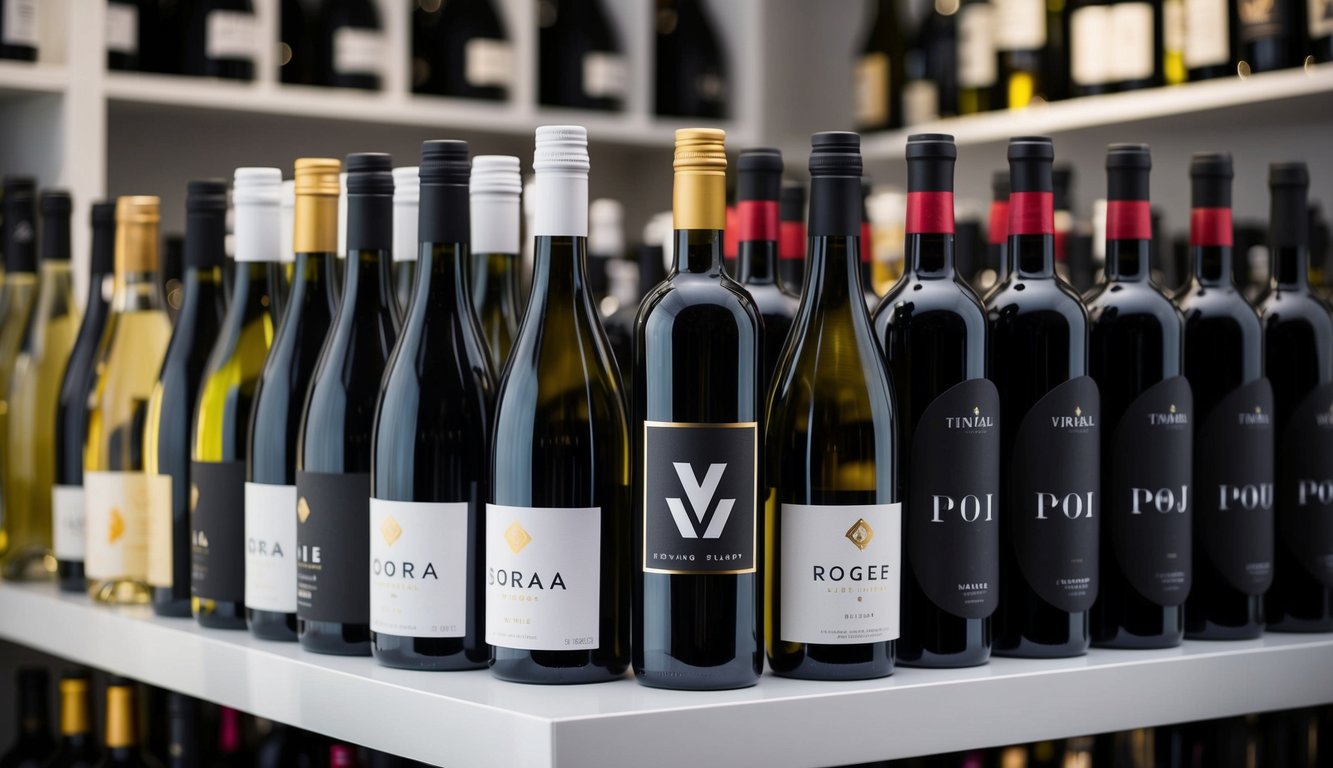 A row of sleek, modern wine bottles with unique labels and bold designs displayed on a shelf, standing out among traditional brands