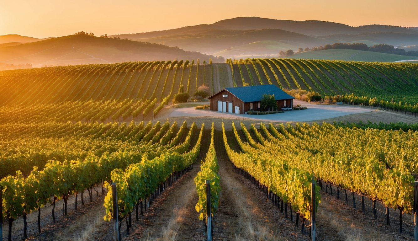 Vineyard landscape with rolling hills, rows of grapevines, and a rustic winery nestled among the vines. A warm sunset casts a golden glow over the scene