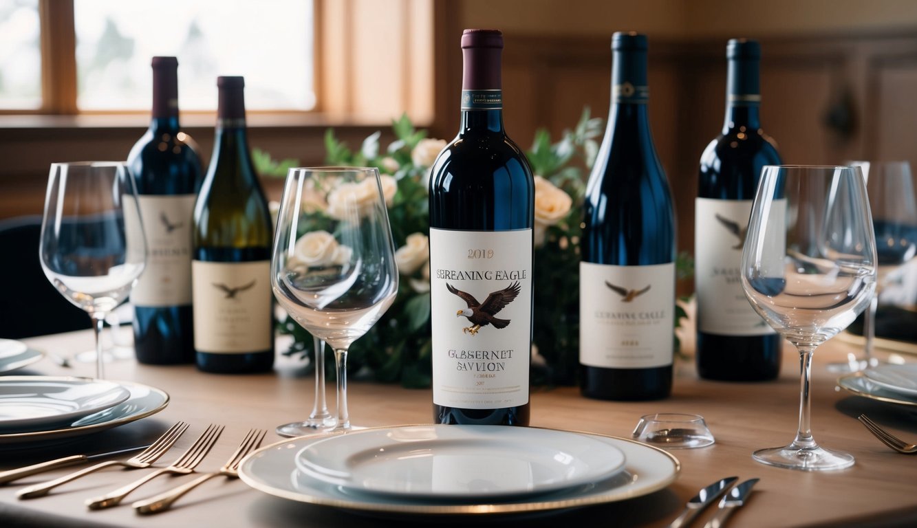 A table set with elegant glassware and a bottle of Screaming Eagle Cabernet Sauvignon 2019 as the centerpiece, surrounded by other artisanal wines