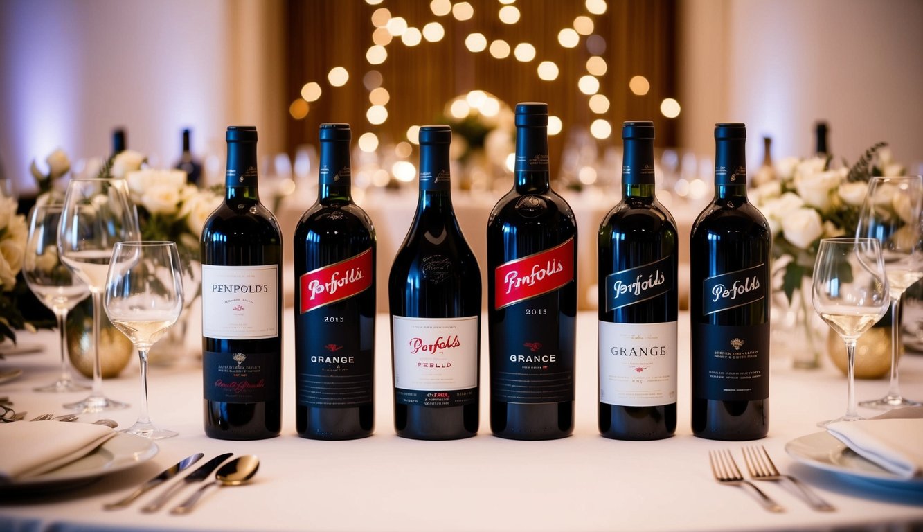 A table set with 8 bottles of Penfolds Grange 2015 and other artisanal wines, surrounded by elegant dinner party decor