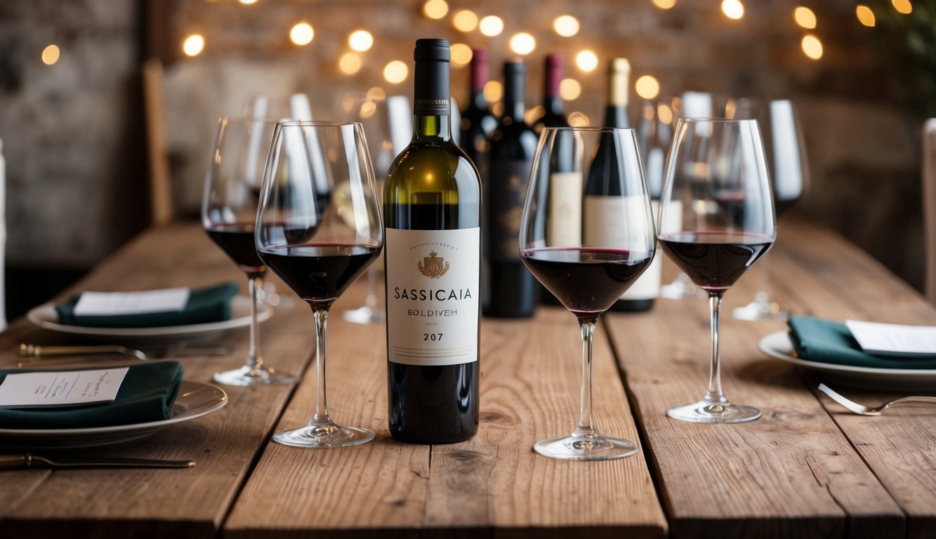 A rustic wooden table set with elegant wine glasses, a bottle of Sassicaia Bolgheri 2017, and a selection of artisanal wines, ready for a dinner party