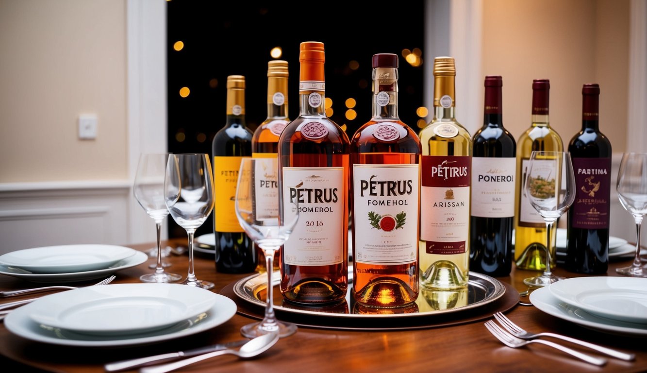 A table set with elegant glassware, a bottle of Pétrus Pomerol 2016, and seven other artisanal wine bottles, surrounded by plates and cutlery, ready for a dinner party