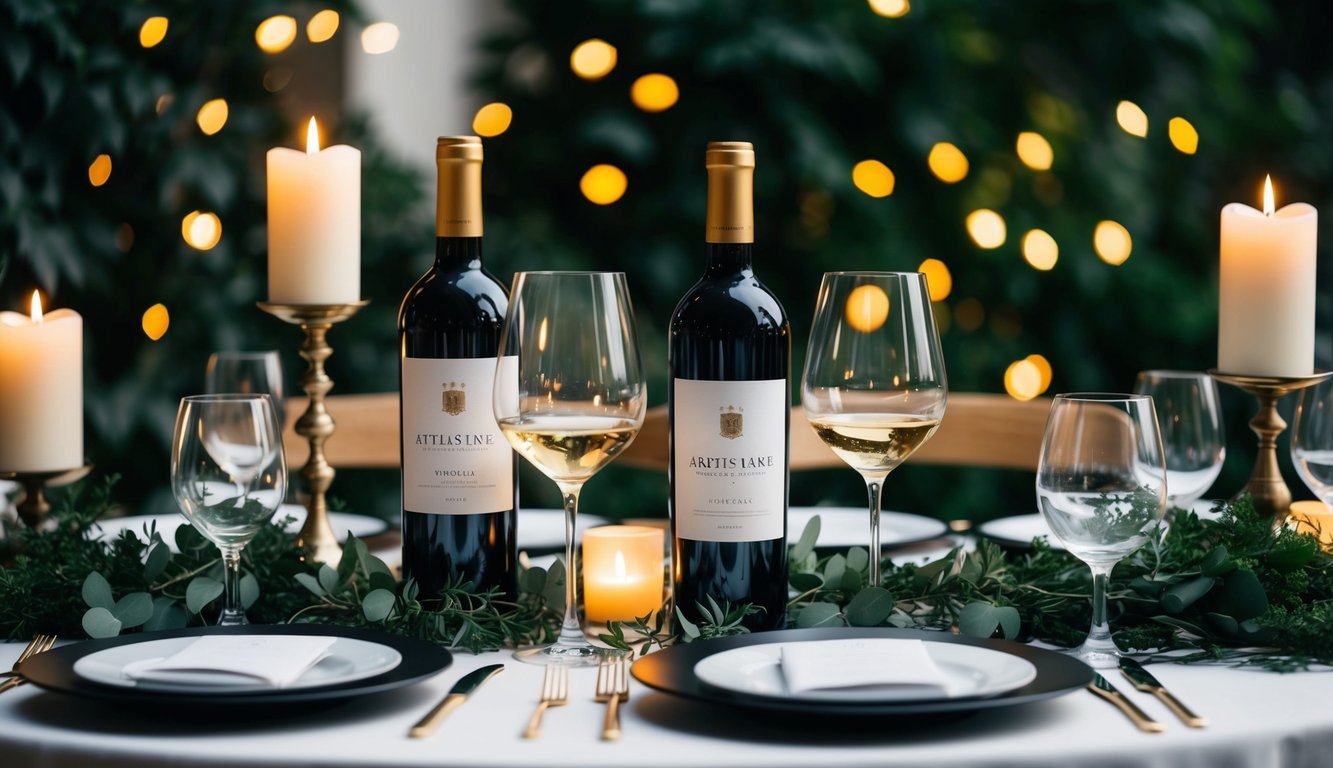 A table set with elegant wine glasses and bottles of artisanal wine, surrounded by lush greenery and soft candlelight