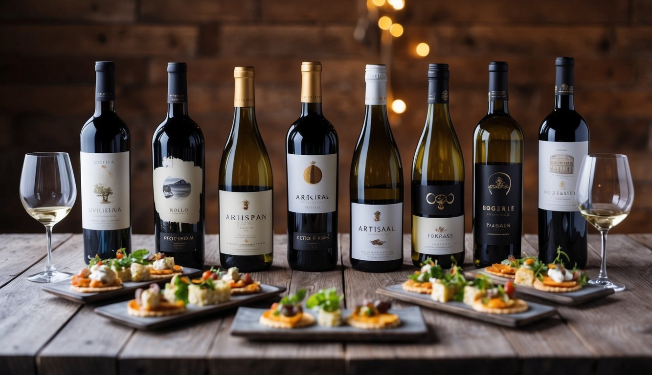 A rustic wooden table adorned with eight unique bottles of artisanal wine, surrounded by elegant wine glasses and a spread of delectable appetizers