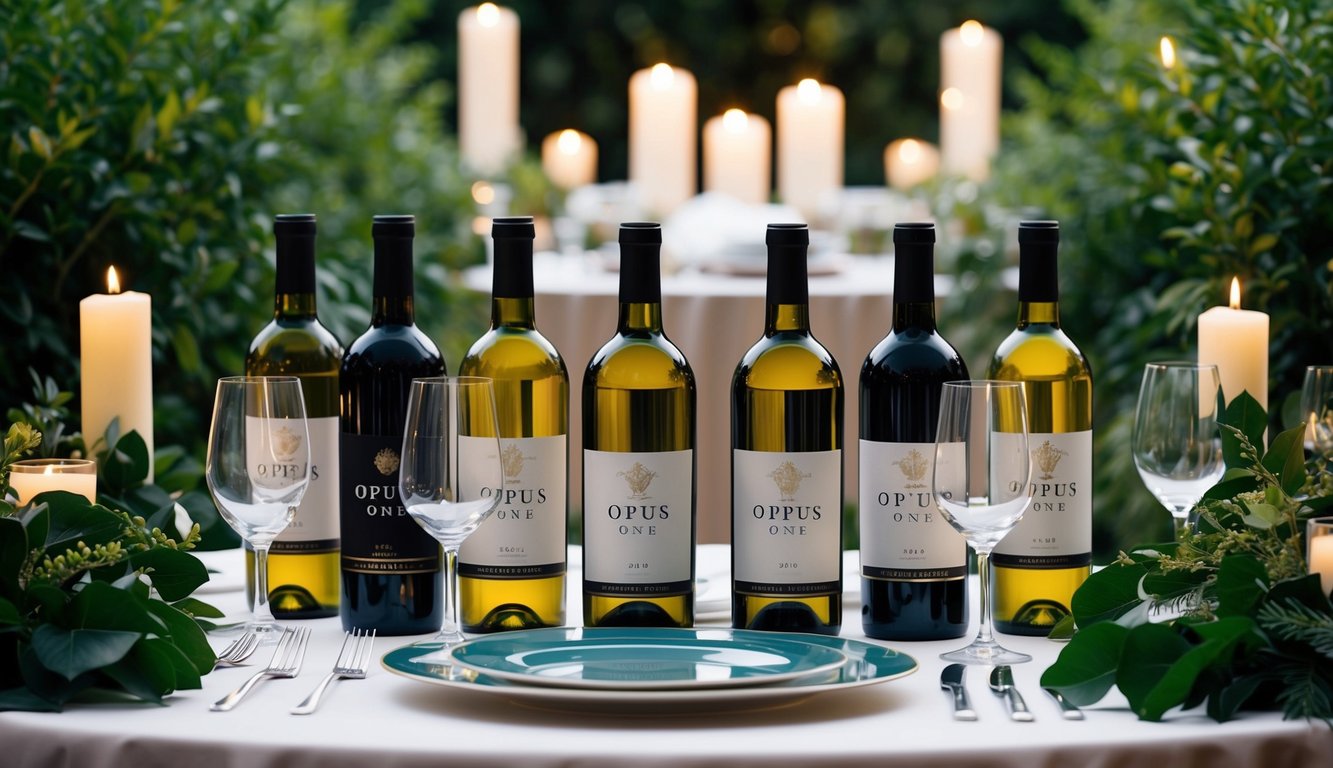 A table set with elegant glassware and eight bottles of Opus One 2018 wine, surrounded by lush greenery and soft candlelight