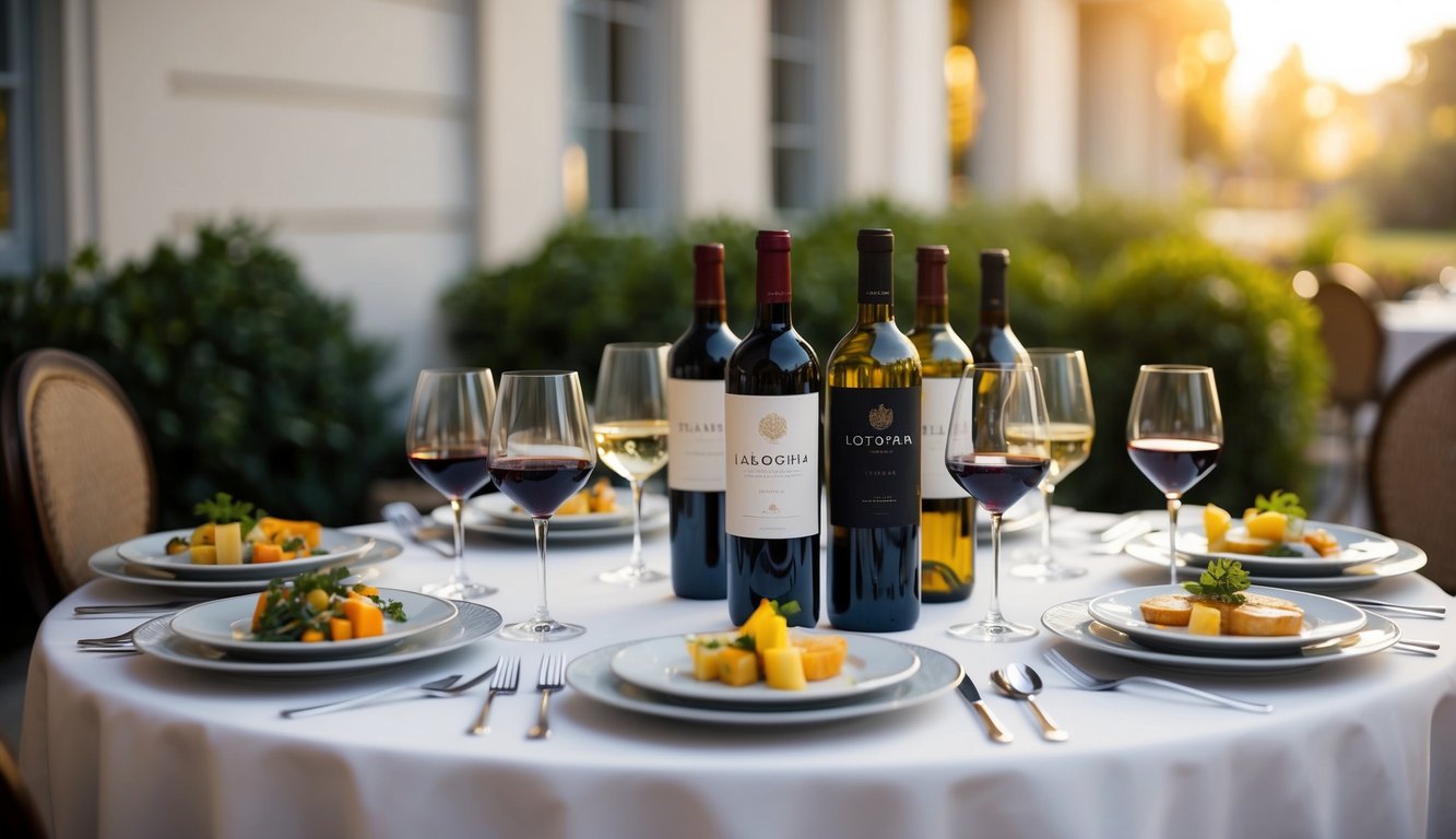 A table set with elegant dishes and a variety of artisanal wines displayed in front of each place setting