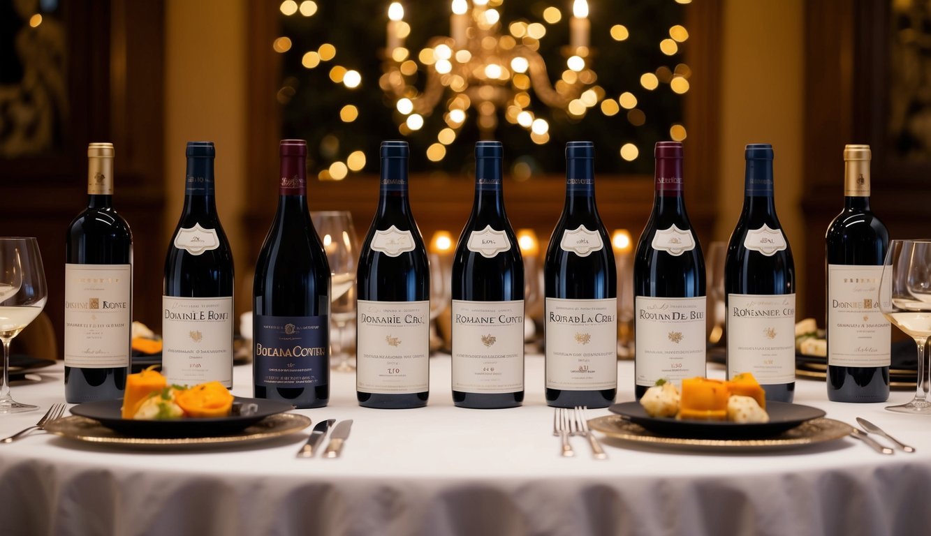 A lavish table setting with eight bottles of Domaine de la Romanée-Conti Grand Cru 2016 and other artisanal wines, ready for a dinner party