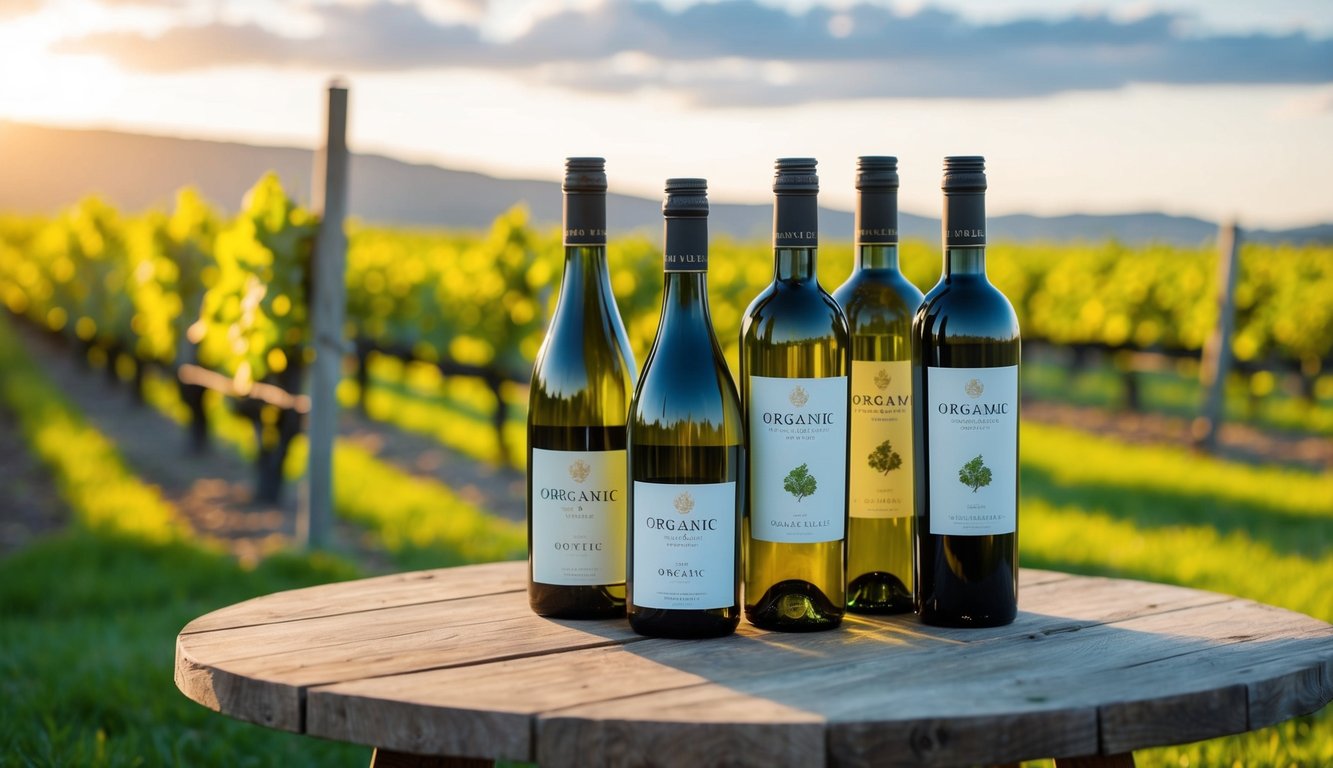 A rustic wooden table with five bottles of organic wine, surrounded by vineyard scenery and a warm, inviting atmosphere