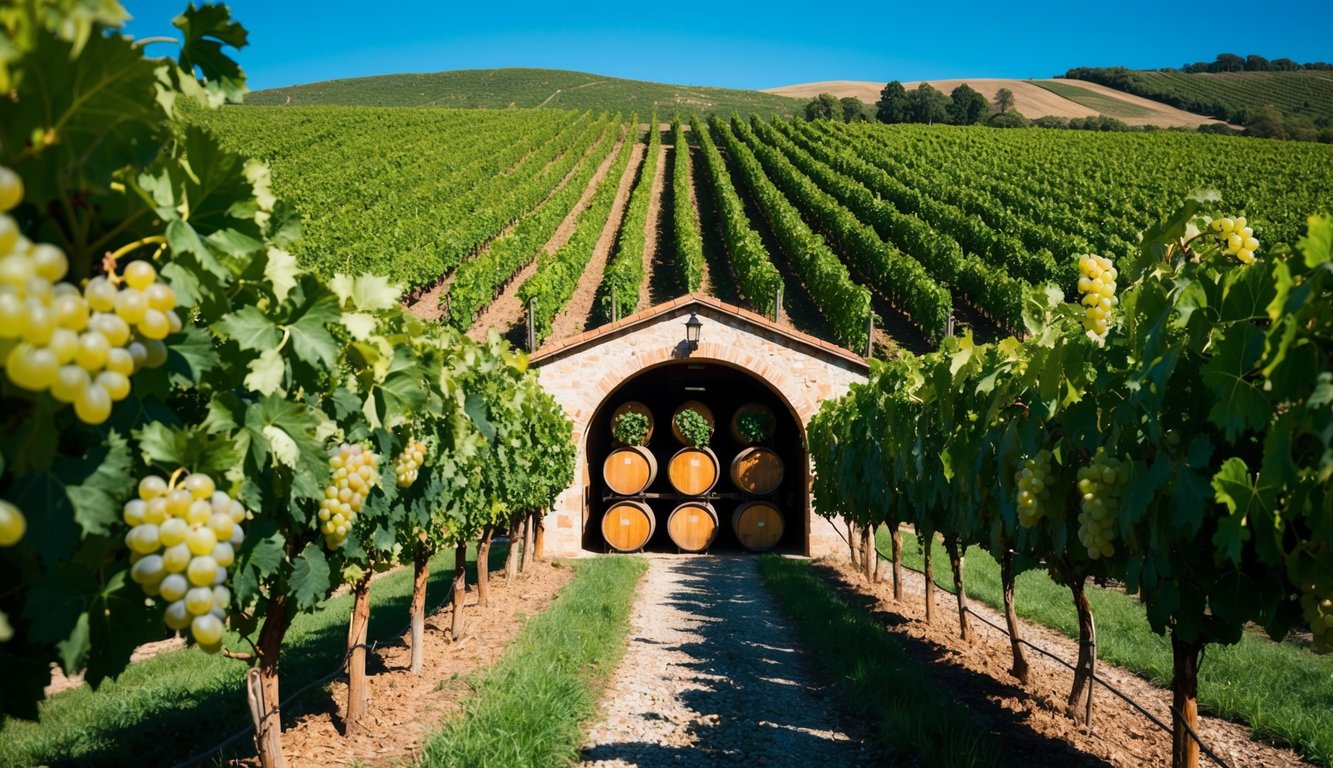 A sunlit vineyard with lush green grapevines stretching across rolling hills, leading to a rustic winery with barrels and bottles of Bonterra Organic Chardonnay on display