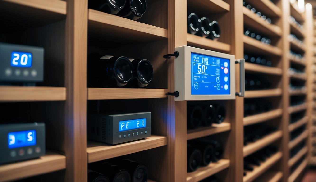 A wine cellar with temperature control system and monitoring equipment