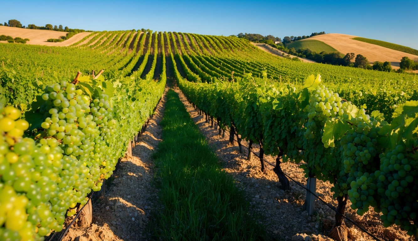 A lush vineyard with rows of organic Cabernet Sauvignon grapes basking in the warm sunlight, surrounded by rolling hills and a clear blue sky